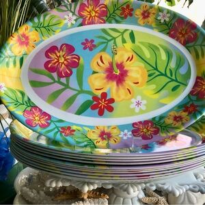 Hawaiian Hibiscus Indoor Outdoor Melamine Large Oval Dinner Plates Set/6